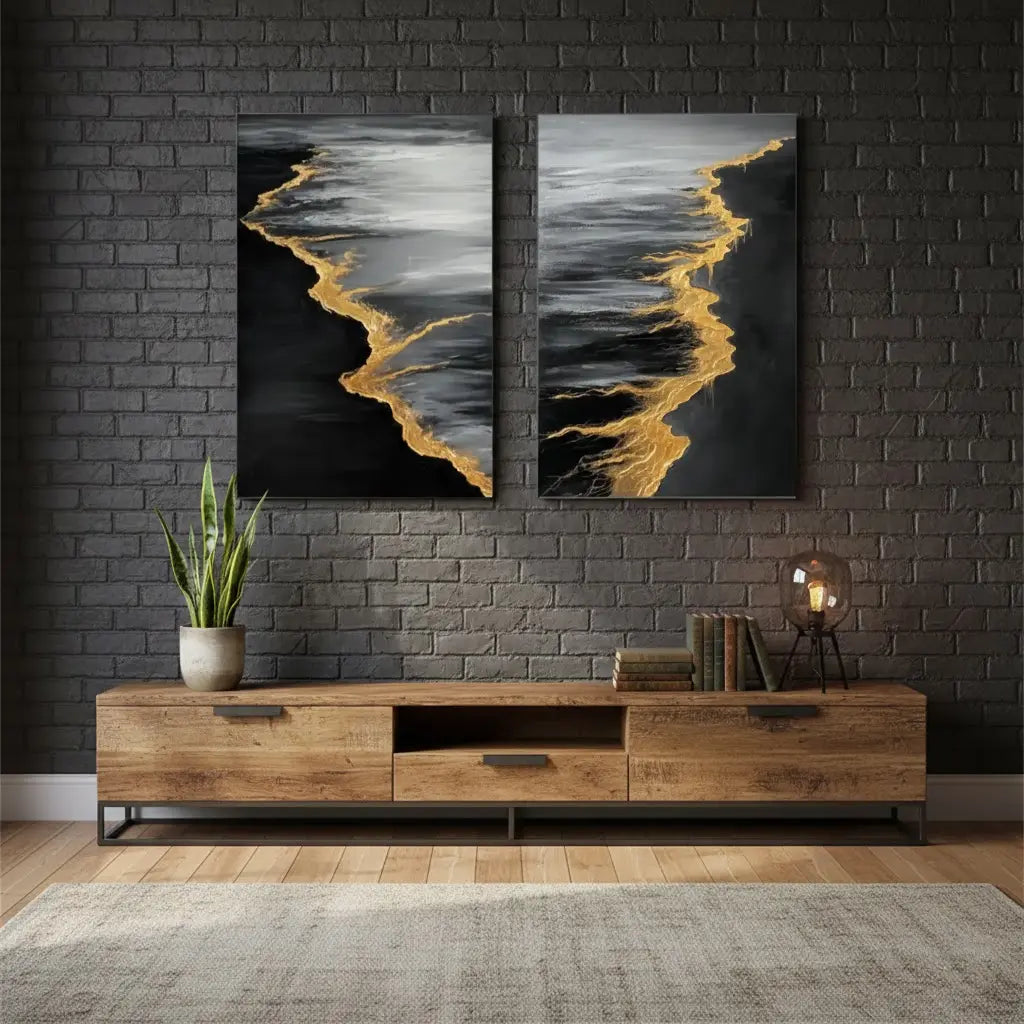 Black & Gold Ocean And Sky Abstract Textured Set of 2 Canvas Art #P135 ArtiQuo