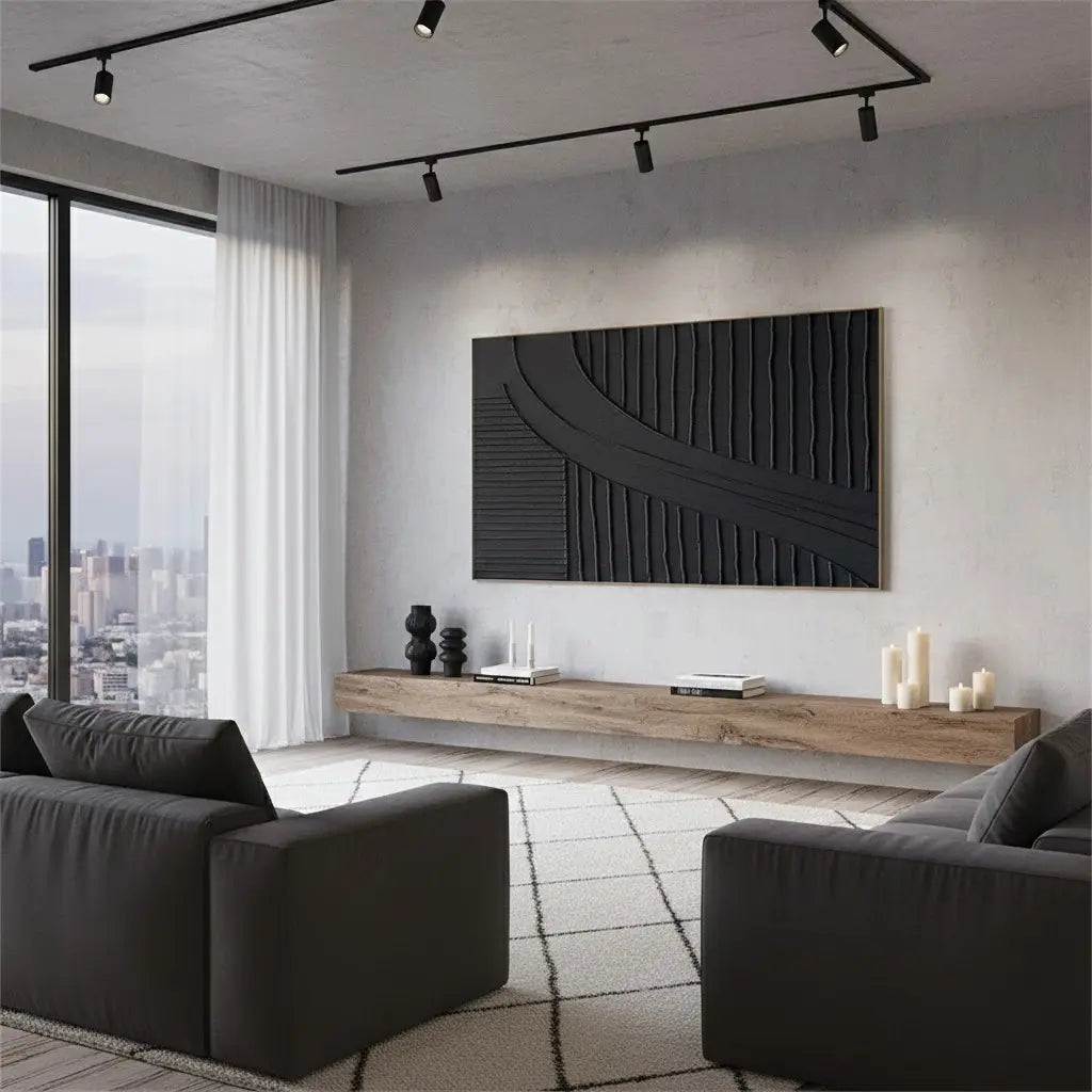 Black Plaster Art Minimalist Textured Painting #BM15 ArtiQuo