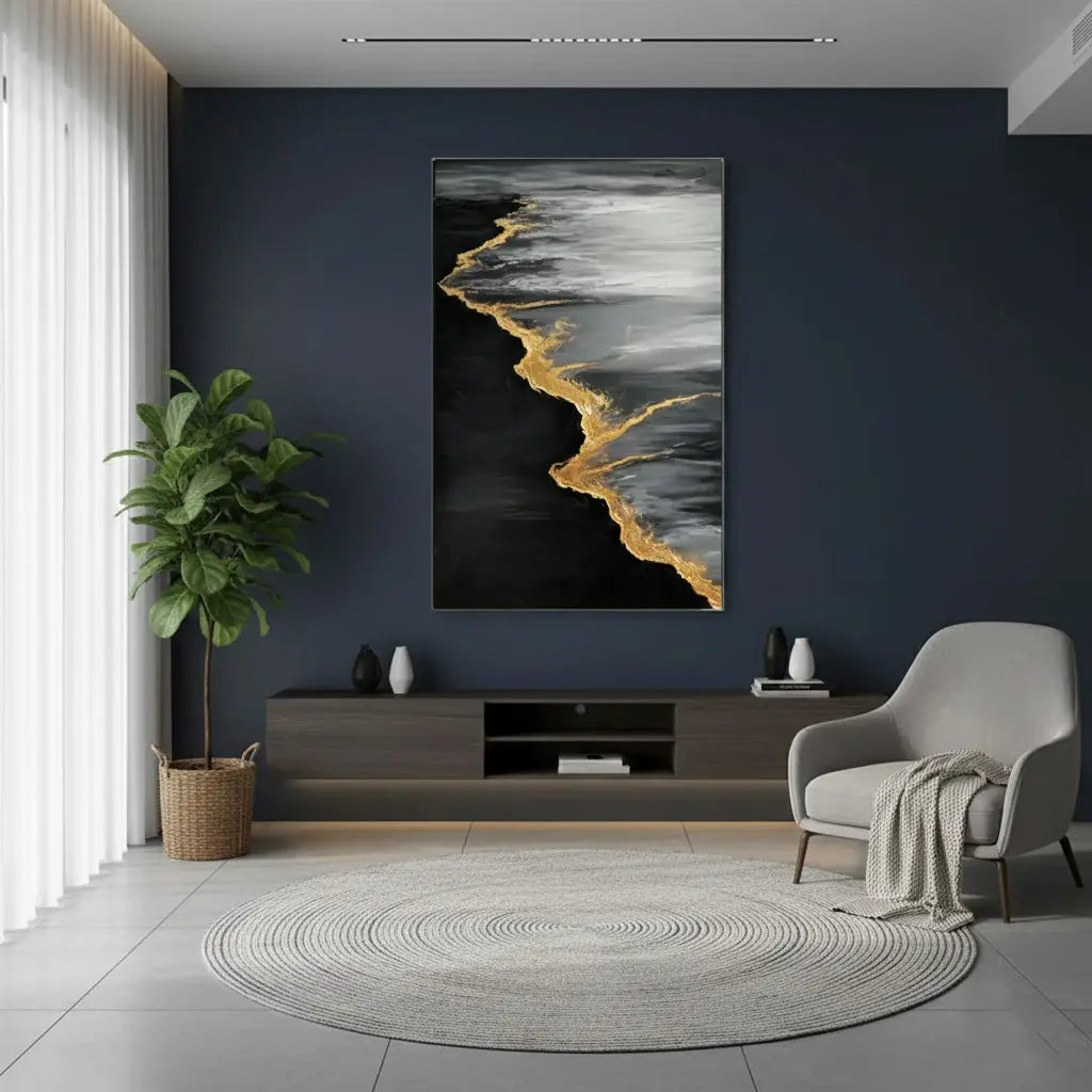 Black & Gold Ocean And Sky Abstract Textured Canvas Art #P15 ArtiQuo
