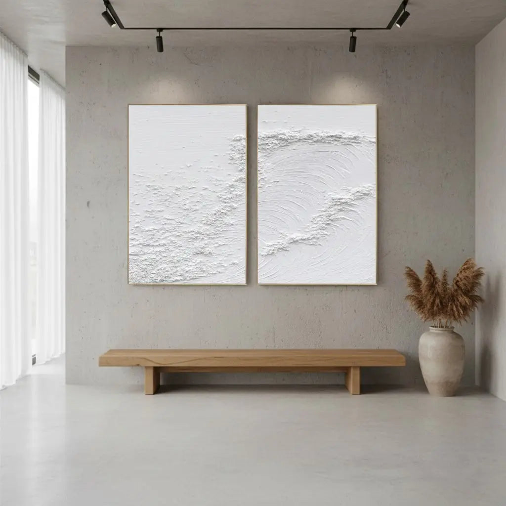 White Minimalist Textured Paintings Canvas Set of 2 #P195 ArtiQuo