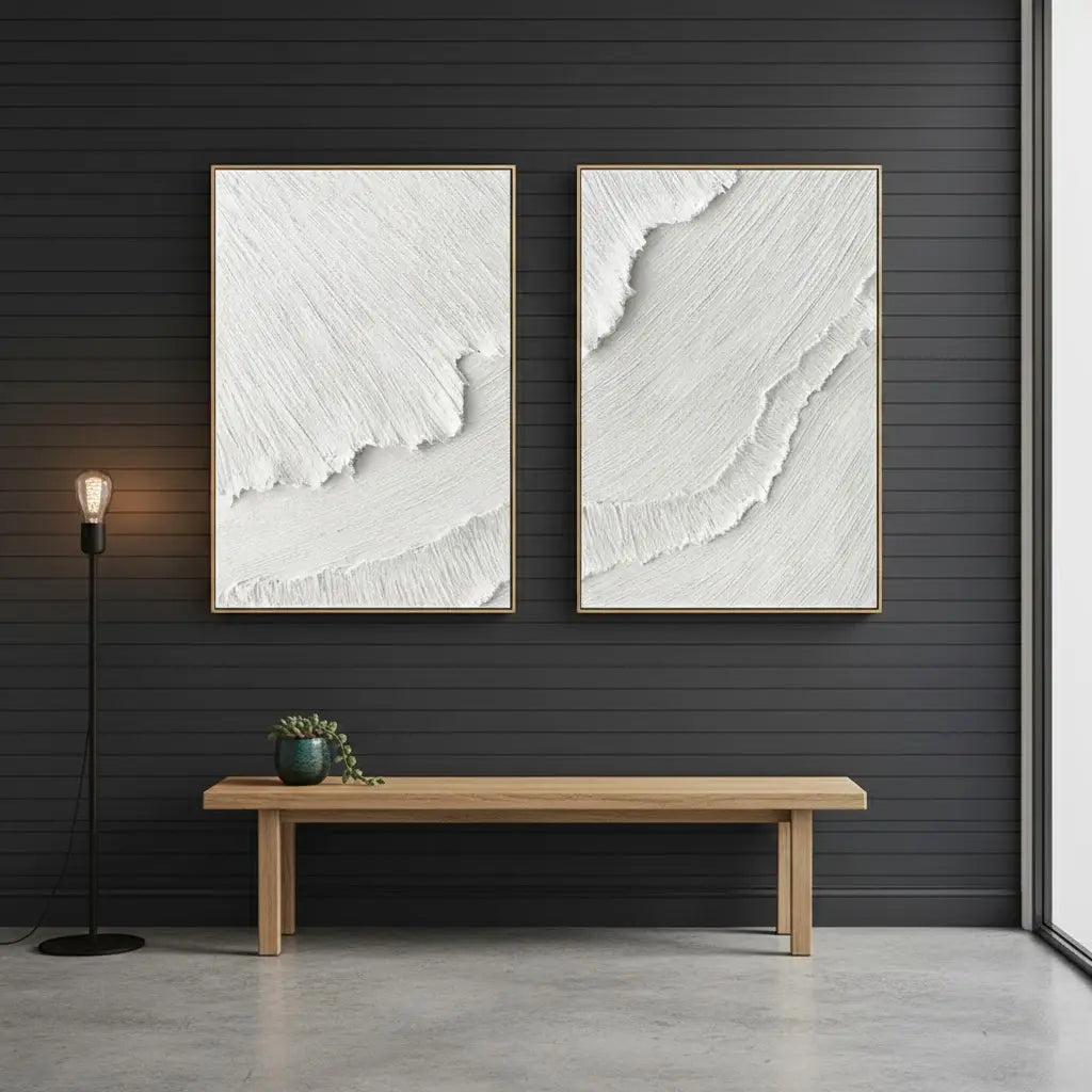 White Minimalist Textured Paintings Canvas Set of 2 #P19 ArtiQuo