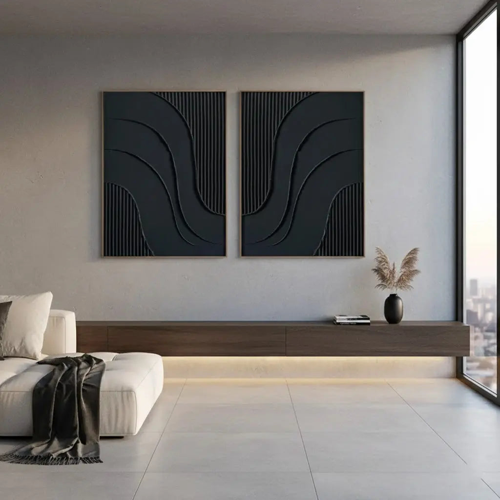Black Plaster Art Minimalist Textured Paintings Set of 2 #BM44 ArtiQuo