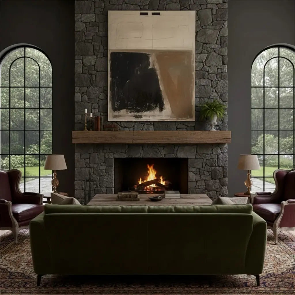 Living room with stone fireplace, green sofa, and large windows.
