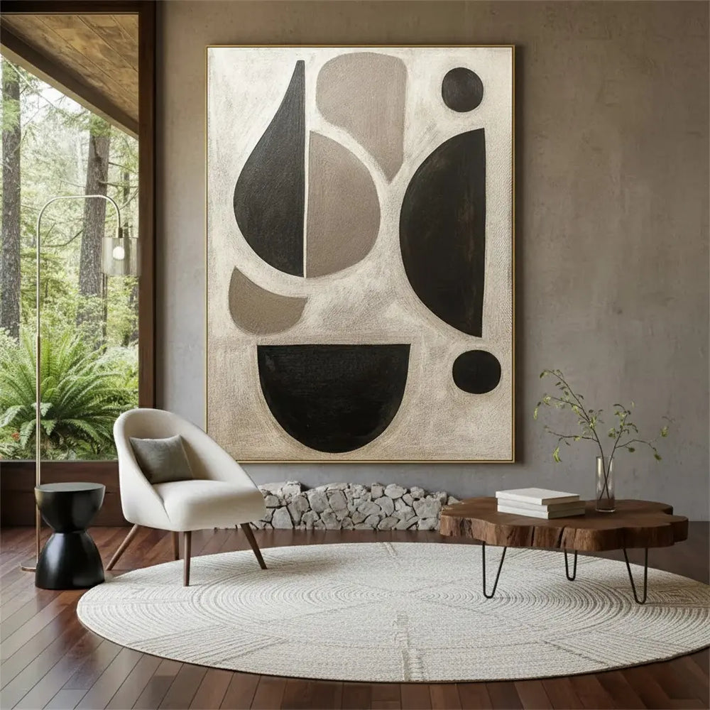 Contemporary abstract wall art painting in a neutral, minimalist residence