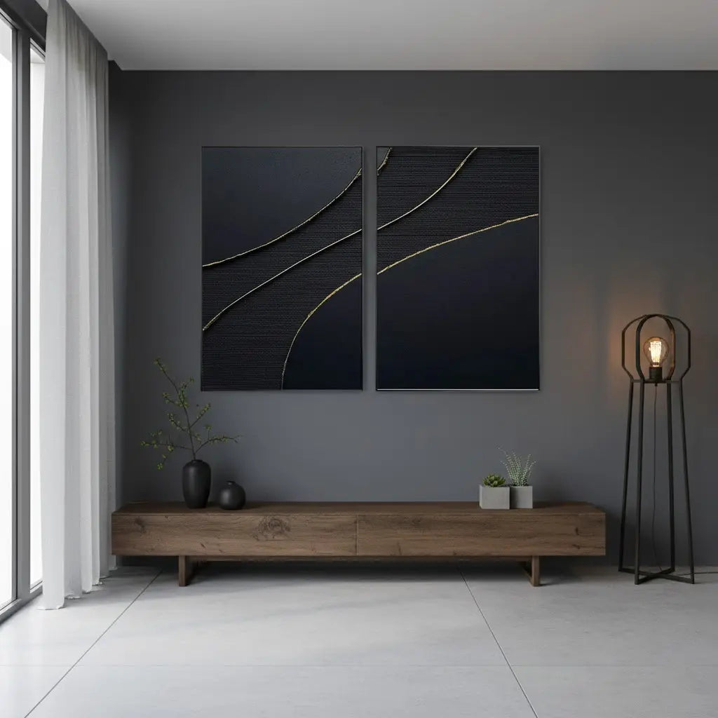 Black Gold Minimalist Textured Paintings Set of 2 #BM10 ArtiQuo