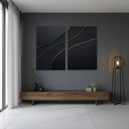 Black Gold Minimalist Textured Paintings Set of 2 #BM10 ArtiQuo