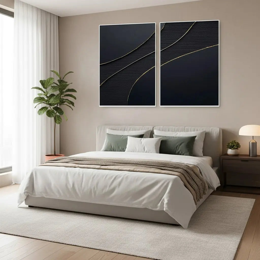 Black Gold Minimalist Textured Paintings Set of 2 #BM10 ArtiQuo