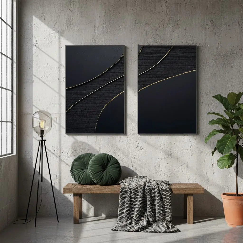 Black Gold Minimalist Textured Paintings Set of 2 #BM10 ArtiQuo
