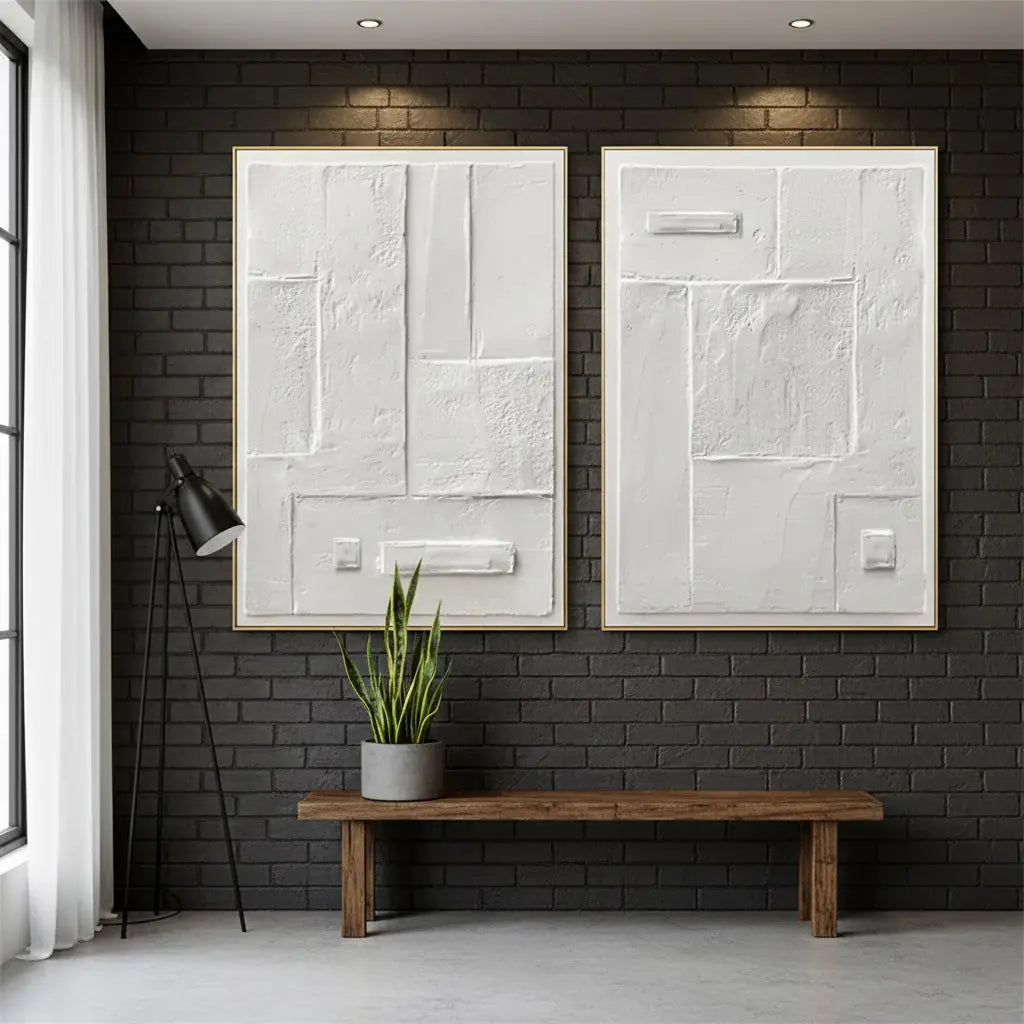 White Minimalist Textured Paintings Canvas Set of 2 #P122 ArtiQuo
