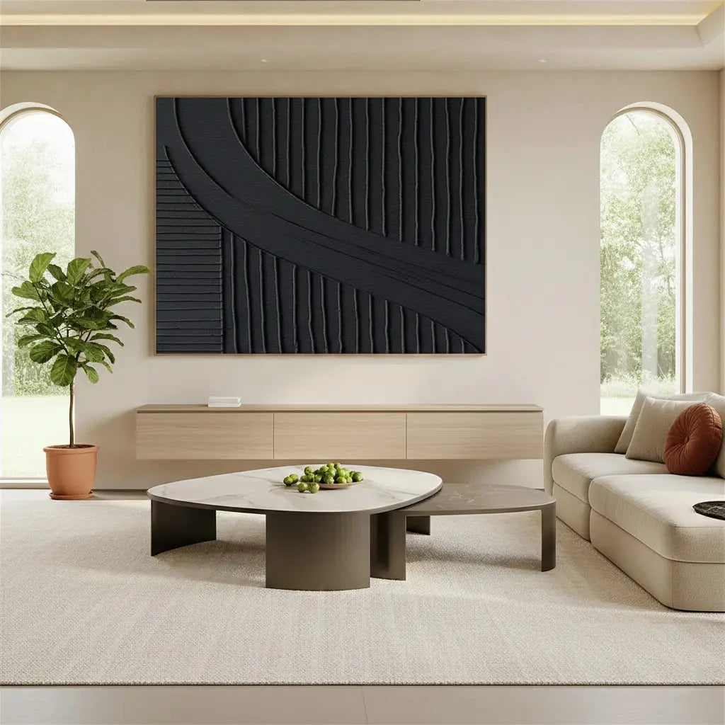Black Plaster Art Minimalist Textured Painting #P124 ArtiQuo