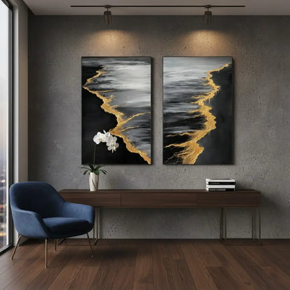Black & Gold Ocean And Sky Abstract Textured Set of 2 Canvas Art #P135 ArtiQuo