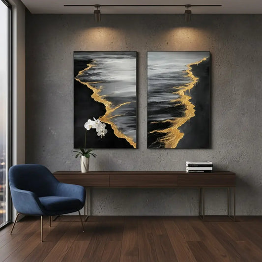 Black & Gold Ocean And Sky Abstract Textured Set of 2 Canvas Art #P135 ArtiQuo