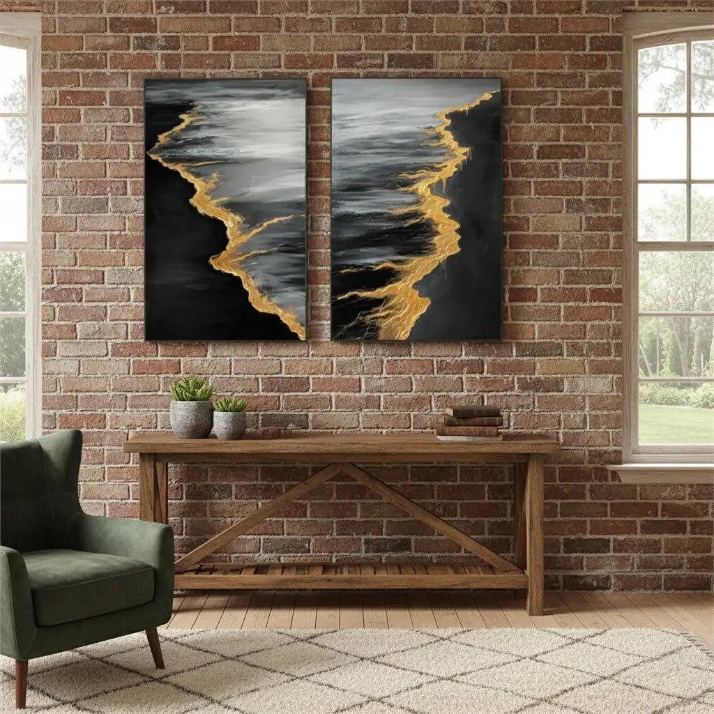 Black & Gold Ocean And Sky Abstract Textured Set of 2 Canvas Art #P135 ArtiQuo