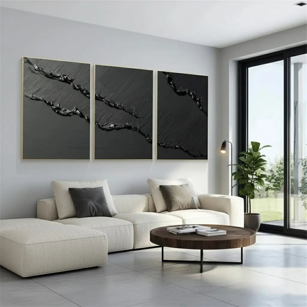Black Minimalist Textured Set Of 3 Painting #P137 ArtiQuo