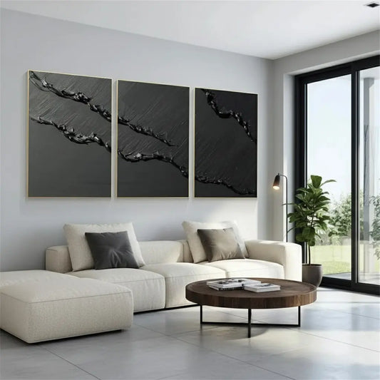 Black Minimalist Textured Set Of 3 Painting #P137 ArtiQuo