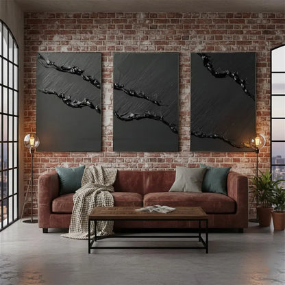 Black Minimalist Textured Set Of 3 Painting #P137 ArtiQuo