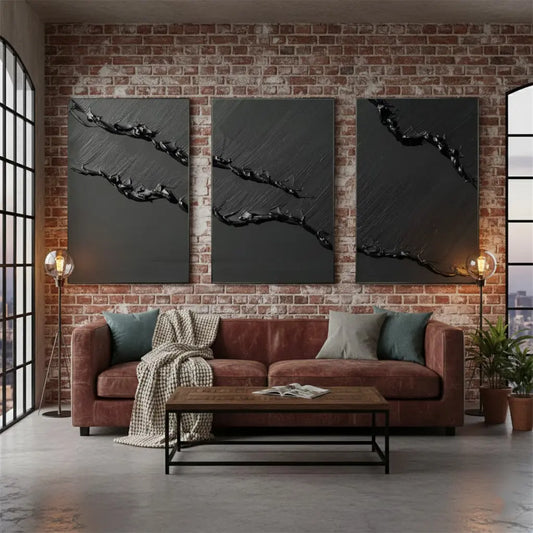 Black Minimalist Textured Set Of 3 Painting #P137 ArtiQuo