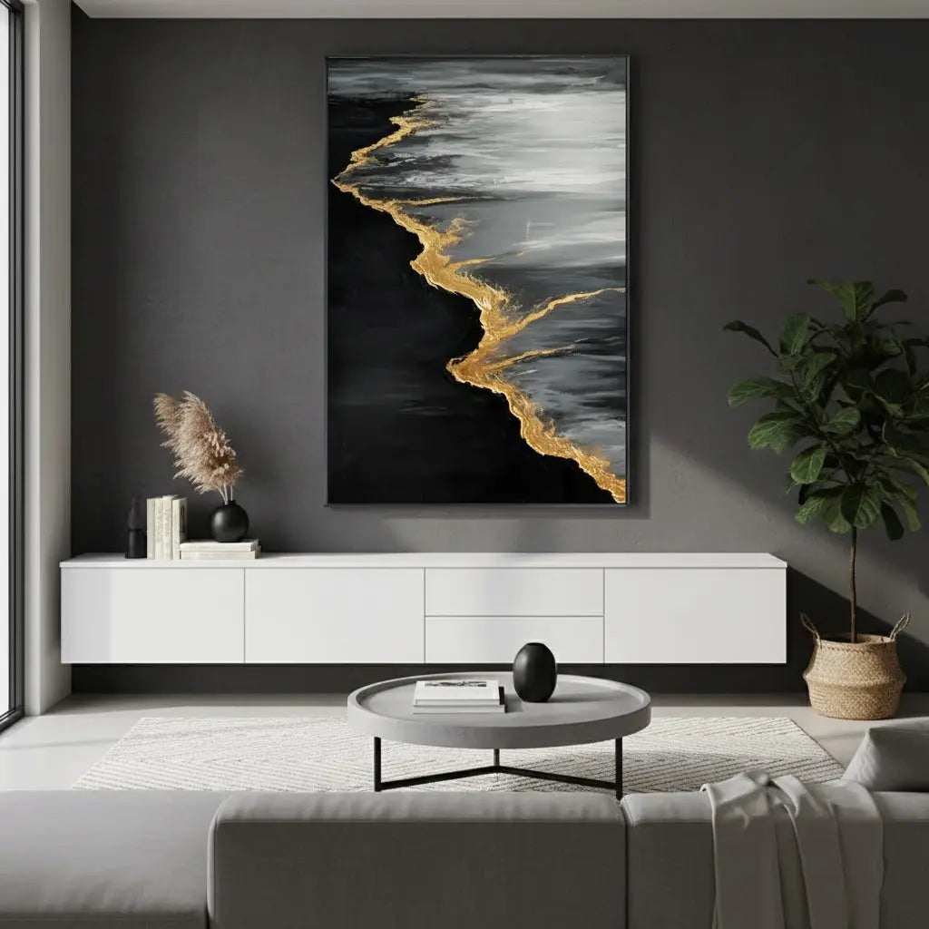 Black & Gold Ocean And Sky Abstract Textured Canvas Art #P15 ArtiQuo