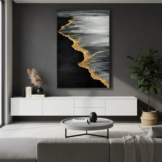 Black & Gold Ocean And Sky Abstract Textured Canvas Art #P15 ArtiQuo