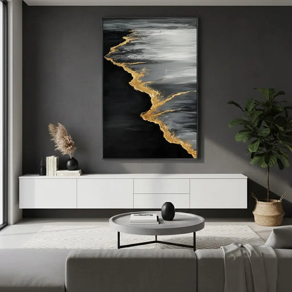 Black & Gold Ocean And Sky Abstract Textured Canvas Art #P15 ArtiQuo