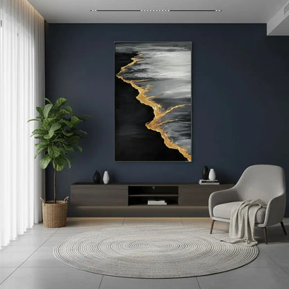 Black & Gold Ocean And Sky Abstract Textured Canvas Art #P15 ArtiQuo