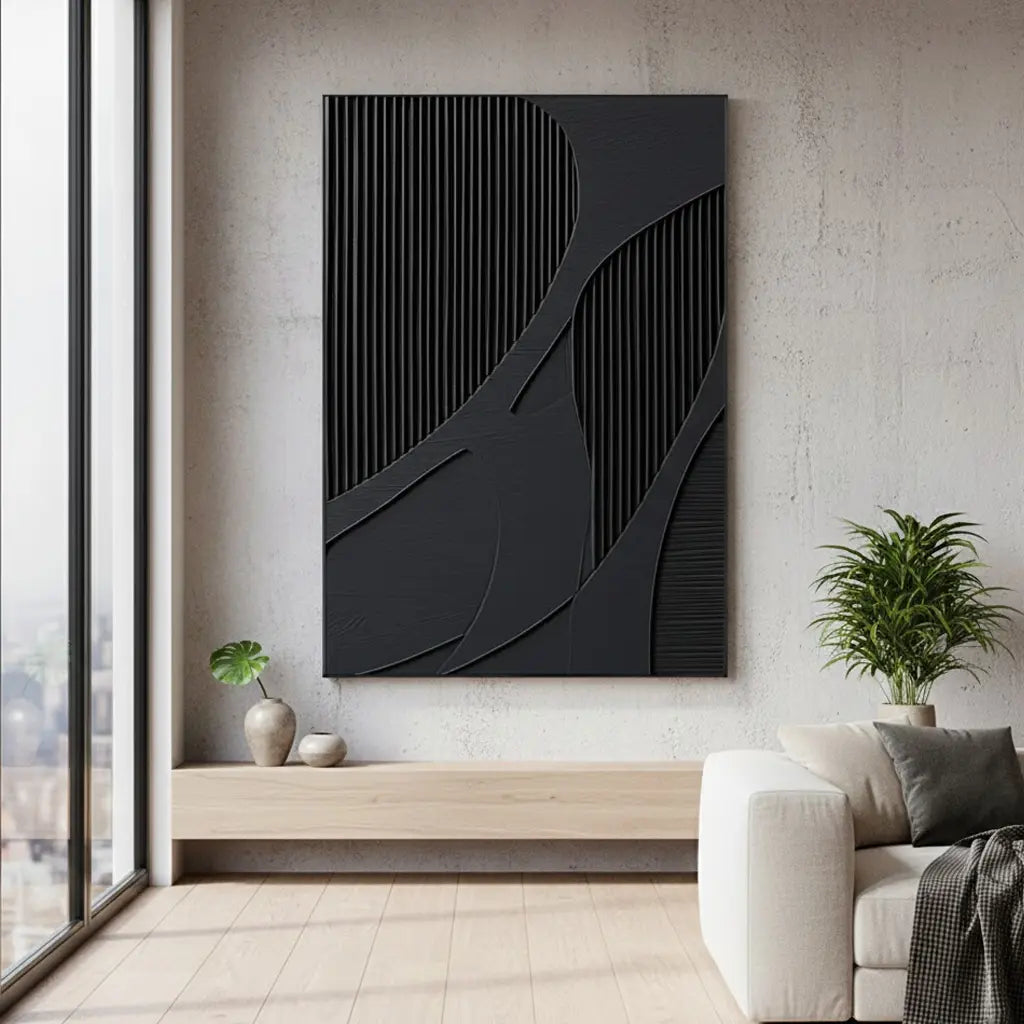 Black Plaster Art Minimalist Textured Painting #P17 ArtiQuo