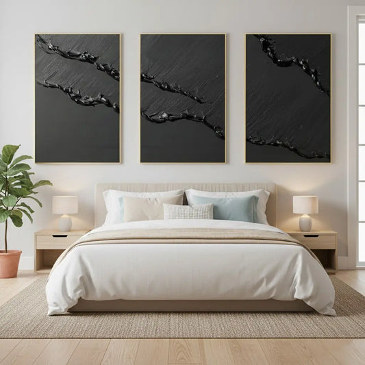 Black Minimalist Textured Set Of 3 Painting #BM18 ArtiQuo