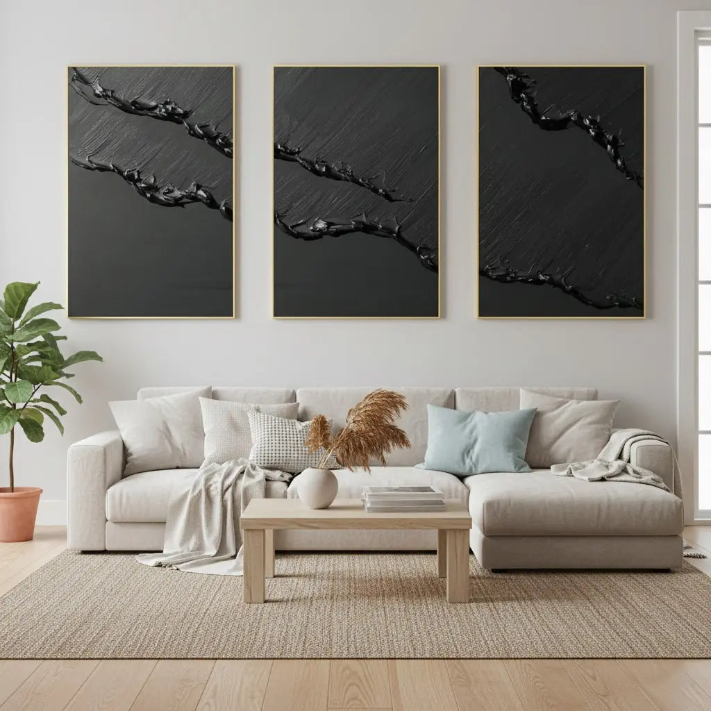 Black Minimalist Textured Set Of 3 Painting #BM18 ArtiQuo