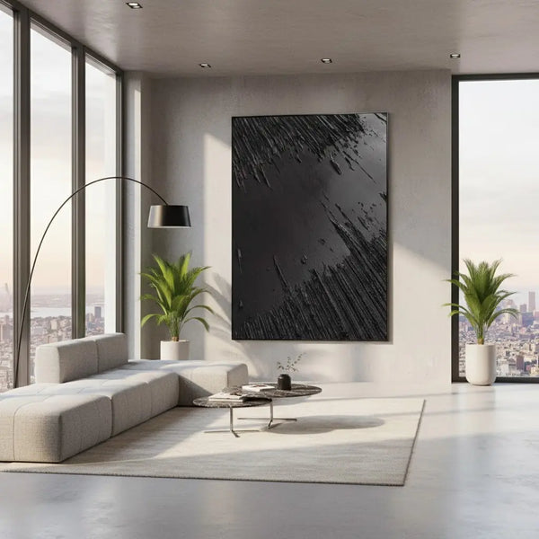 Black Minimalist Textured Painting Canvas P192