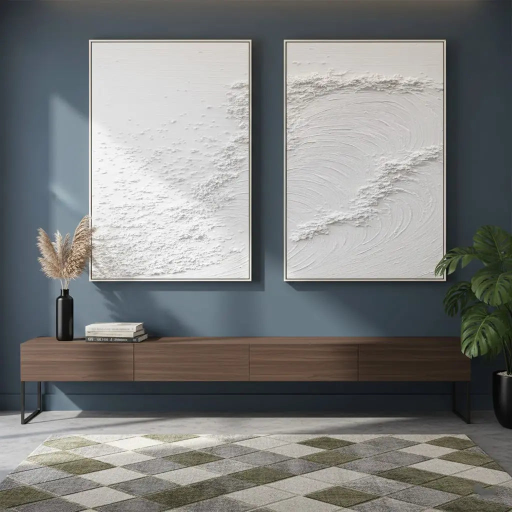 White Minimalist Textured Paintings Canvas Set of 2 #P195 ArtiQuo