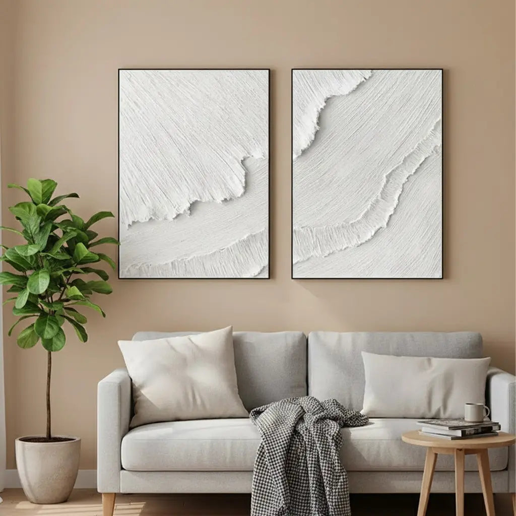 White Minimalist Textured Paintings Canvas Set of 2 #P19 ArtiQuo