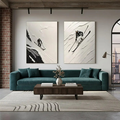Beige & Black Skiing Sport Art Textured Set of 2 Painting Canvas #P215 ArtiQuo