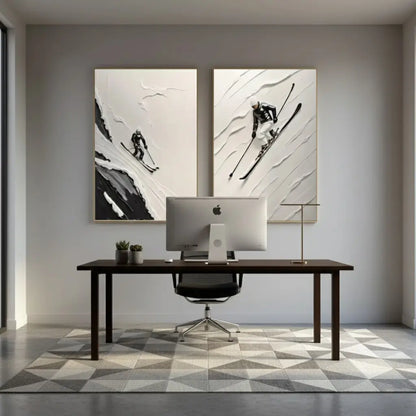 Beige & Black Skiing Sport Art Textured Set of 2 Painting Canvas #P215 ArtiQuo