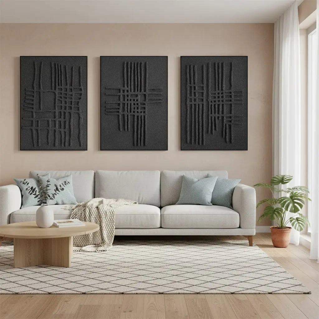 Black Minimalist Textured Painting Canvas Set of 3 #BM21 ArtiQuo