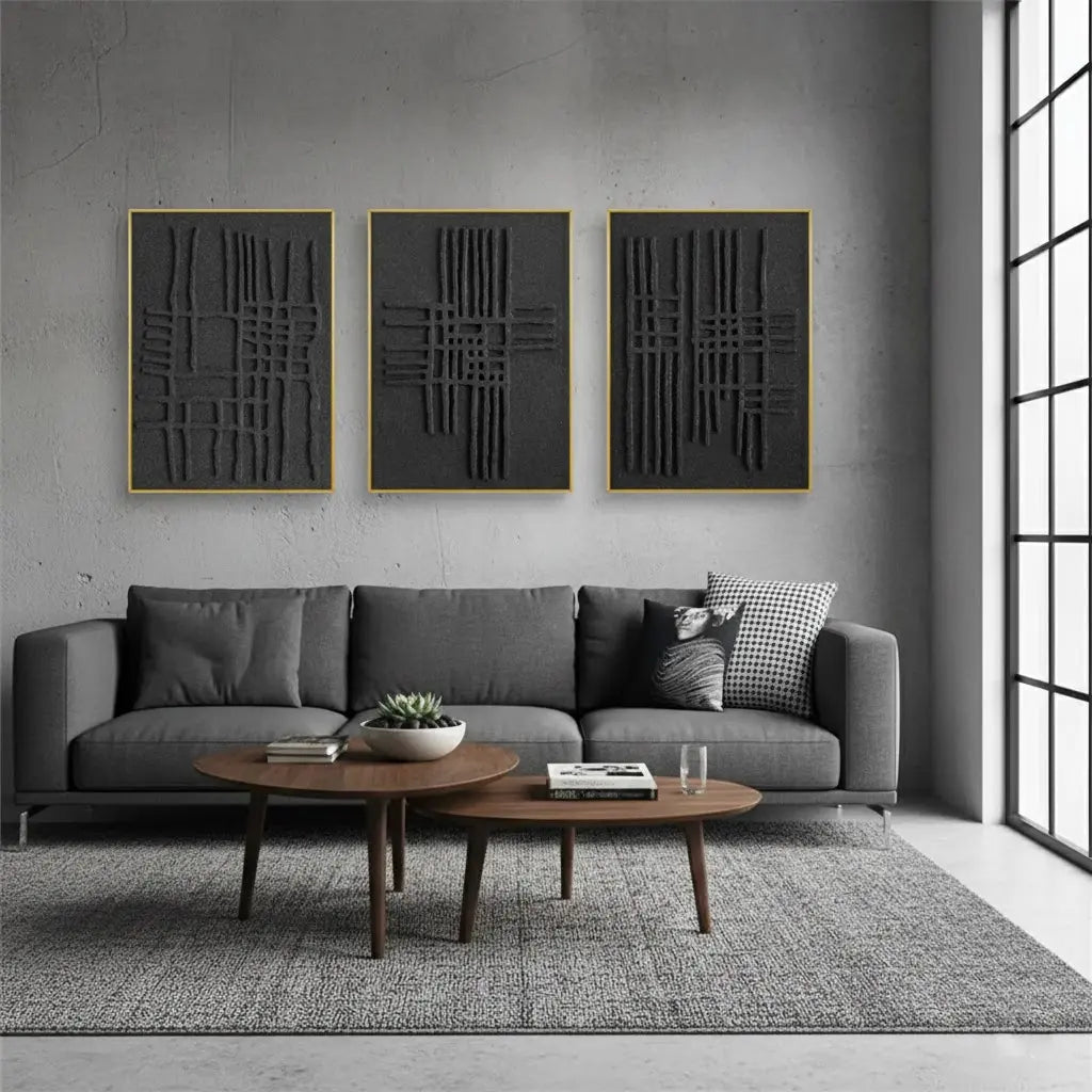 Black Minimalist Textured Painting Canvas Set of 3 #BM21 ArtiQuo