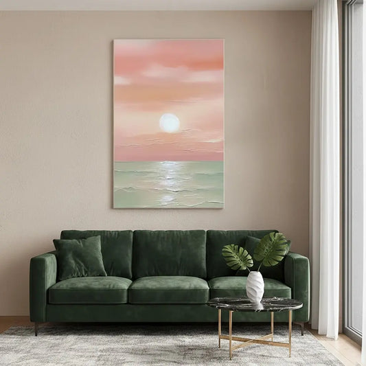Pink And Green Ocean And Sky Abstract Textured Canvas Art #P246 ArtiQuo