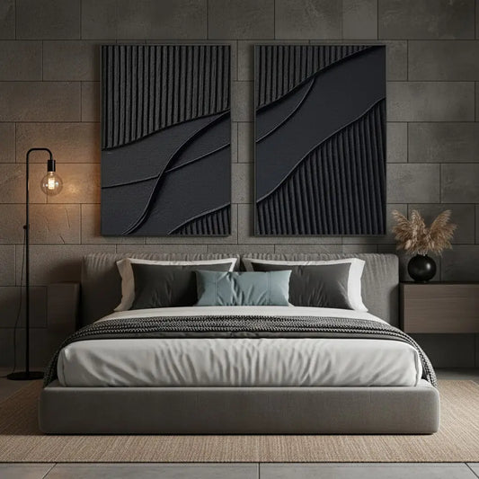 Black Plaster Art Minimalist Textured Paintings Set of 2 #P25 ArtiQuo