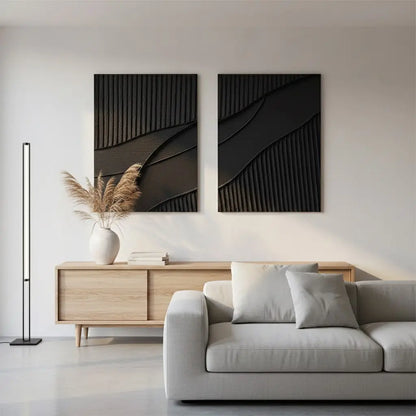 Black Plaster Art Minimalist Textured Paintings Set of 2 #P25 ArtiQuo