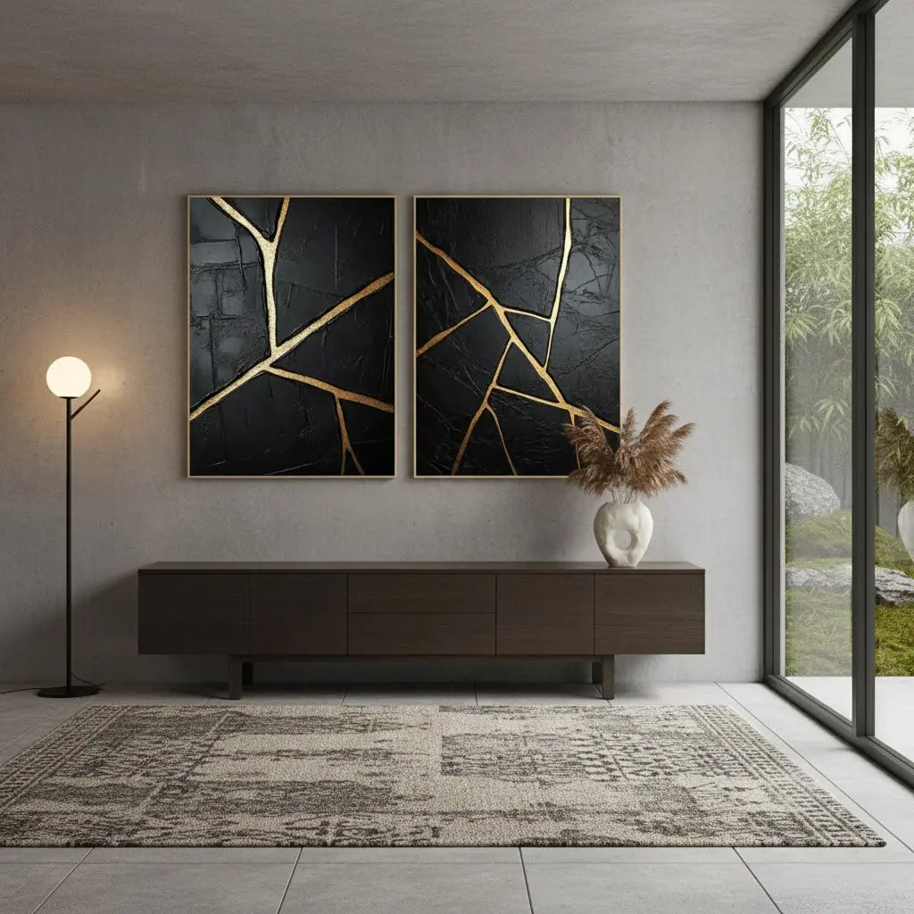 Black Gold Minimalist Textured Painting Set of 2 #BM31 ArtiQuo