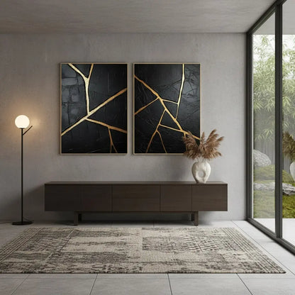 Black Gold Minimalist Textured Painting Set of 2 #BM31 ArtiQuo