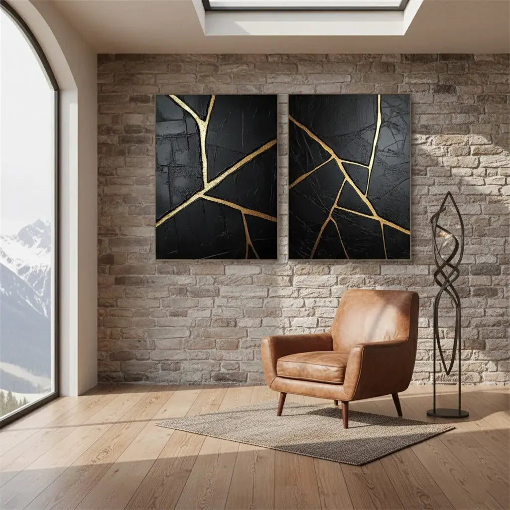 Black Gold Minimalist Textured Painting Set of 2 #BM31 ArtiQuo