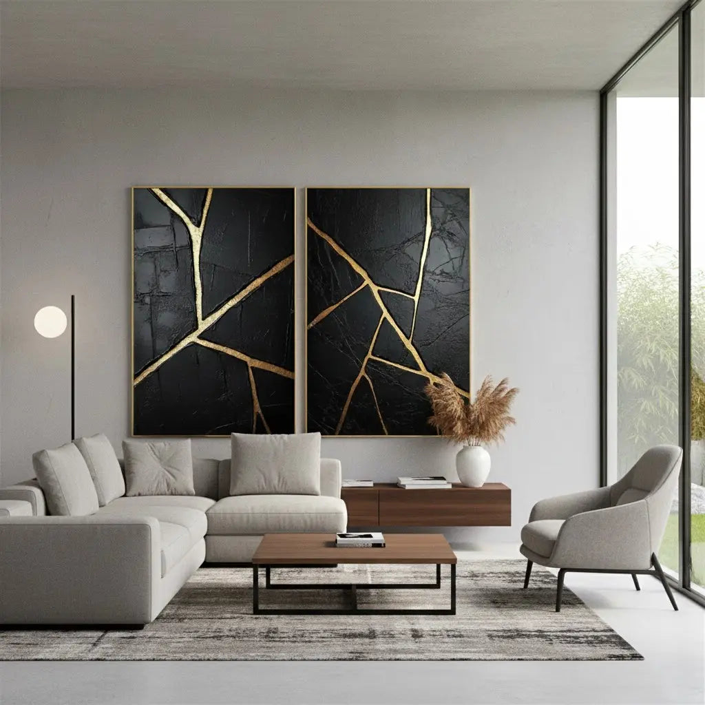 Black Gold Minimalist Textured Painting Set of 2 #BM31 ArtiQuo