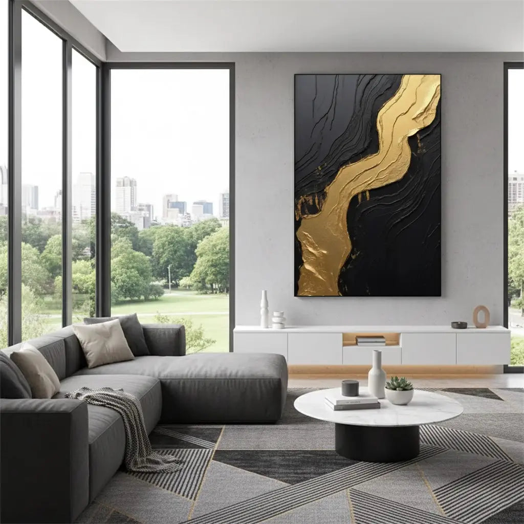 Black Gold Minimalist Textured Painting #BM32 ArtiQuo