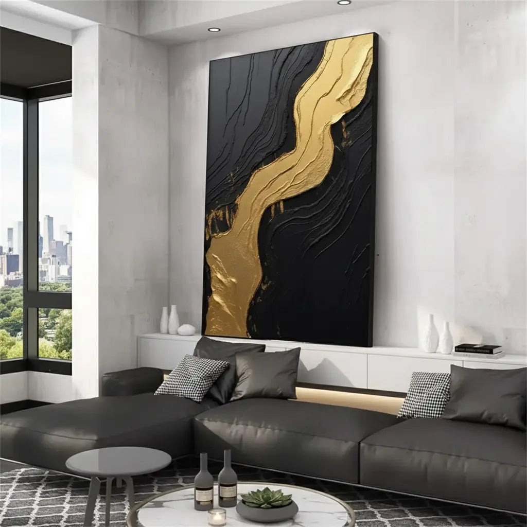 Black Gold Minimalist Textured Painting #BM32 ArtiQuo