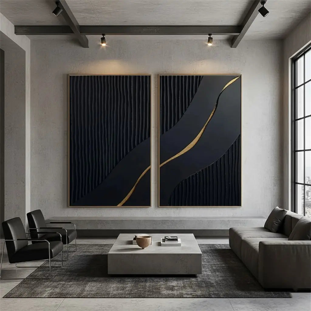 Black Gold Minimalist Textured Paintings Set of 2 #BM37 ArtiQuo