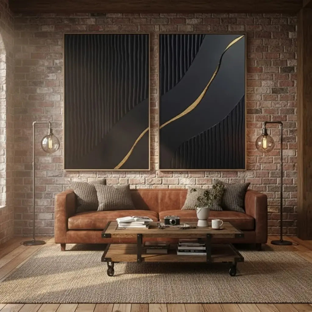 Black Gold Minimalist Textured Paintings Set of 2 #BM37 ArtiQuo