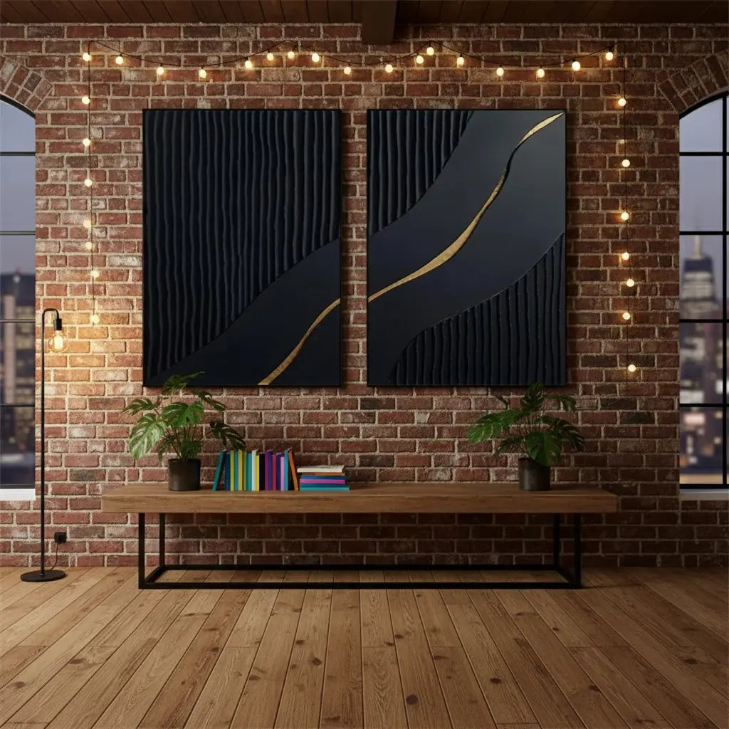 Black Gold Minimalist Textured Paintings Set of 2 #BM37 ArtiQuo