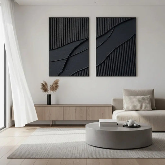 Black Plaster Art Minimalist Textured Paintings Set of 2 #BM3 ArtiQuo