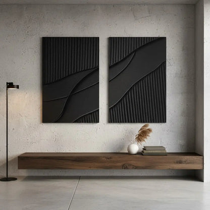 Black Plaster Art Minimalist Textured Paintings Set of 2 #BM3 ArtiQuo