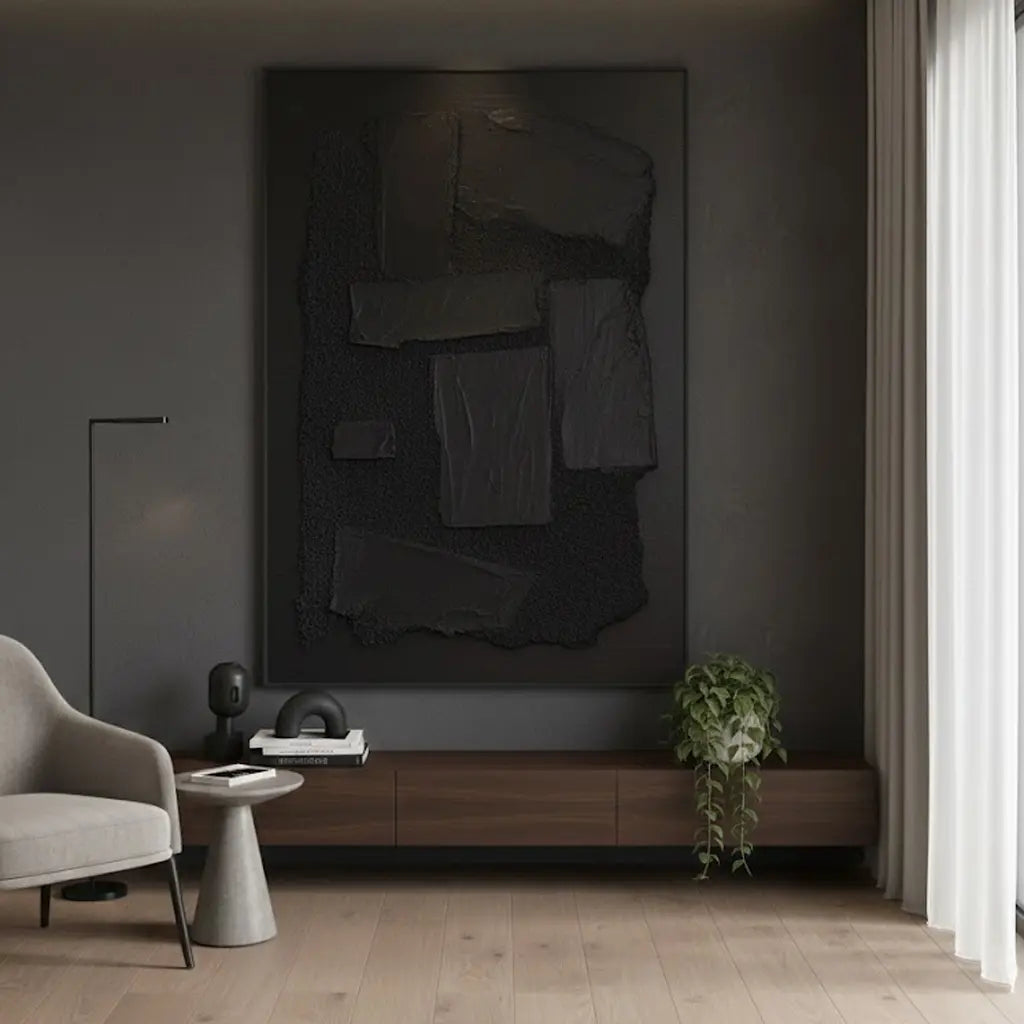 Black Plaster Art Minimalist Textured Painting #P45 ArtiQuo